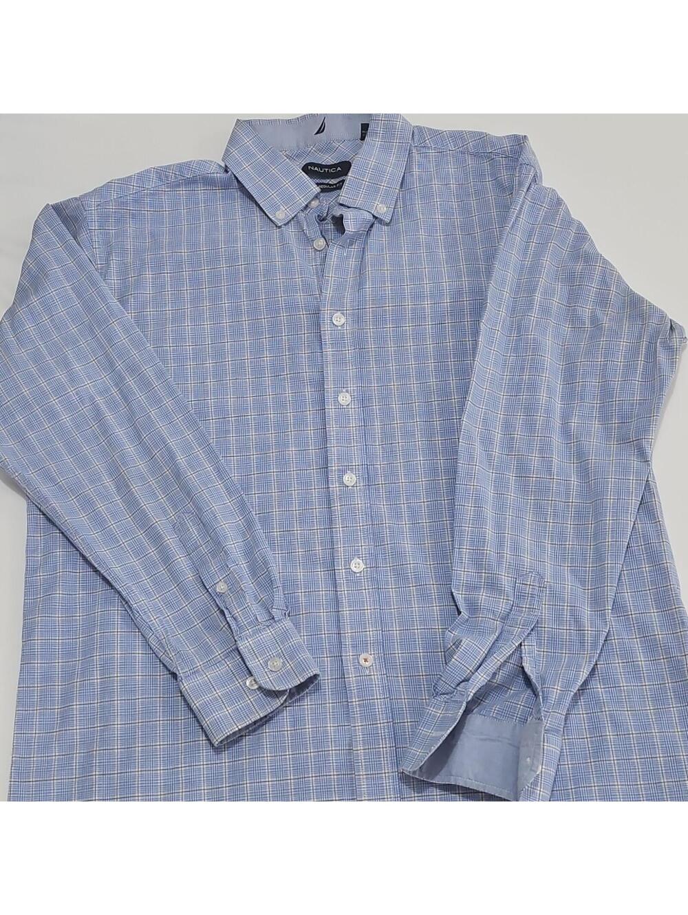 Nautica Men's Dress Shirt L Regular Fit Blue/White Plaid Stretch 16-16.5 34/35